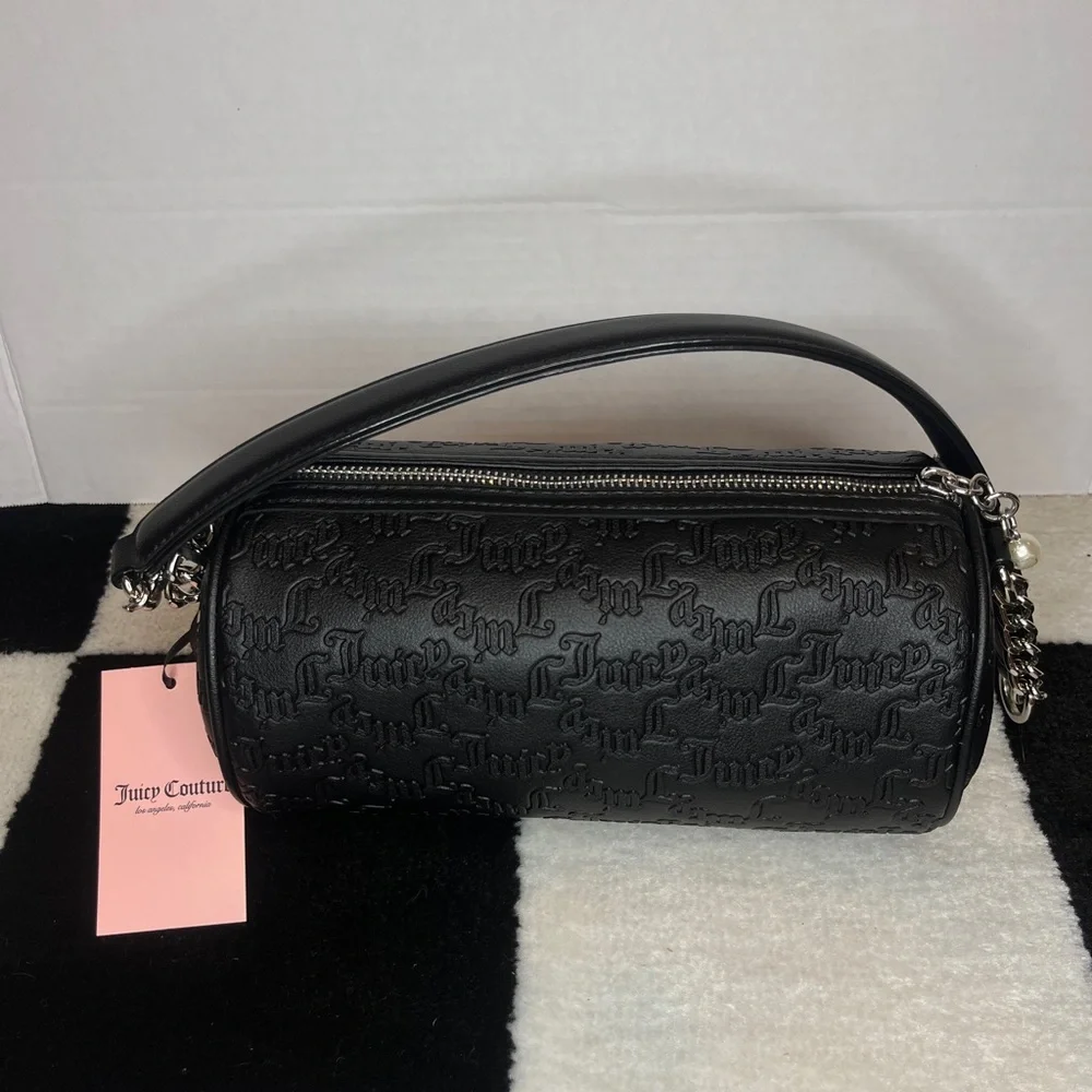Juicy Couture Black Barrel Shoulder Bag Rhinestone Pearl Logo & Chain Strap - Picture 8 of 10